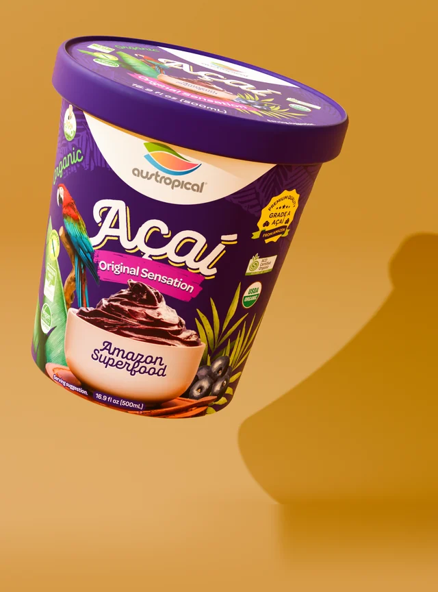Austropical Organic Açaí Original Sensation closed pint with its lid visible and original curved shadow